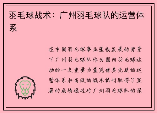 羽毛球战术：广州羽毛球队的运营体系