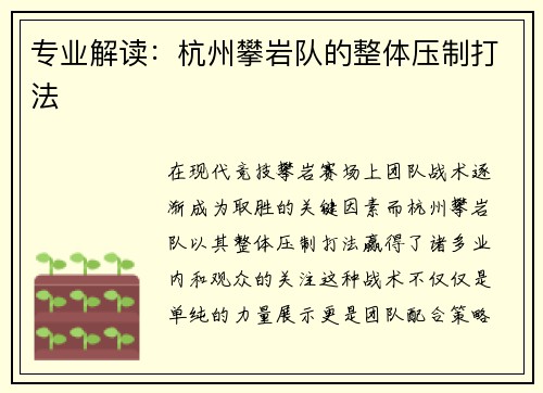 专业解读：杭州攀岩队的整体压制打法