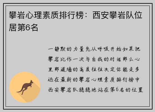 攀岩心理素质排行榜：西安攀岩队位居第6名