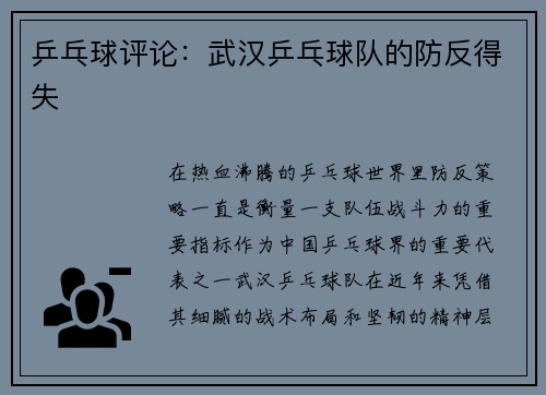 乒乓球评论：武汉乒乓球队的防反得失