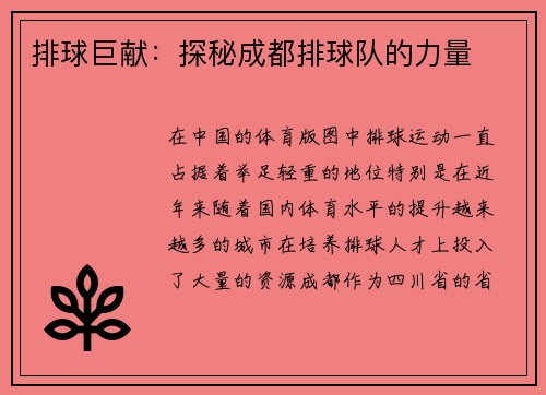 排球巨献：探秘成都排球队的力量